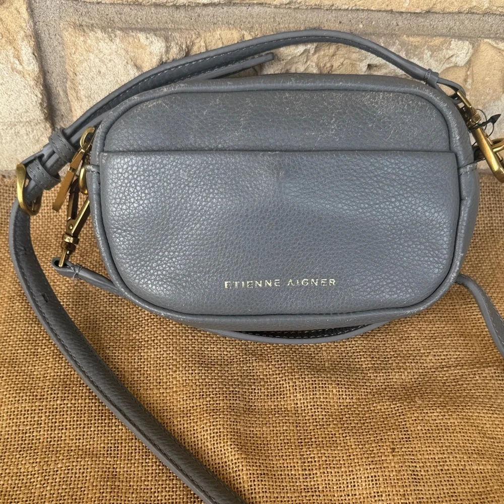Etienne Aigner Gray Leather Crossbody Bag Purse Logo Camera Bag Stella Mini